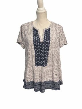 Lucky Brand Blue and White Boho Novelty Printed Short-Sleeve Tunic Top Size 2X